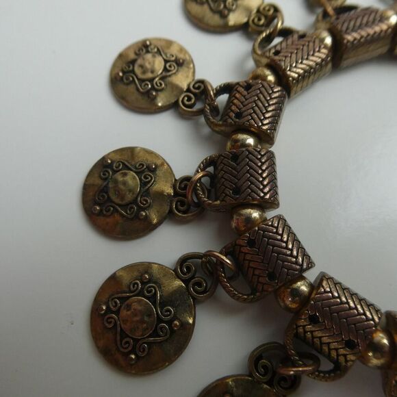 Brass Bronze Tone Dangle Charm Beaded Bracelet Adjustable Stretchy Boho Festival - Picture 3 of 7